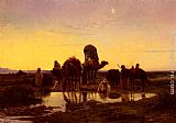 Camel Train By An Oasis At Dawn by Eugene-Alexis Girardet
